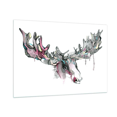 Glasbild - Bild auf glas - Buntes Aquarell eines Elches mit ausgedehntem Geweih - 100x70cm - Krone des Waldkönigs - Moderne Wanddekoration für Wohnzimmer und Schlafzimmer ARTTOR