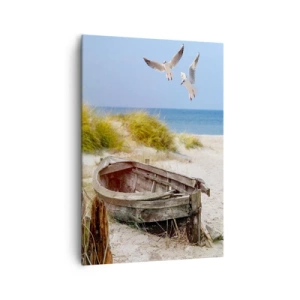 Bild auf Leinwand - Leinwandbild - Verlassenes Boot an einem Strand mit Möwen - 70x100cm - In Wind gebadet - Moderne Wanddekoration für Wohnzimmer und Schlafzimmer ARTTOR
