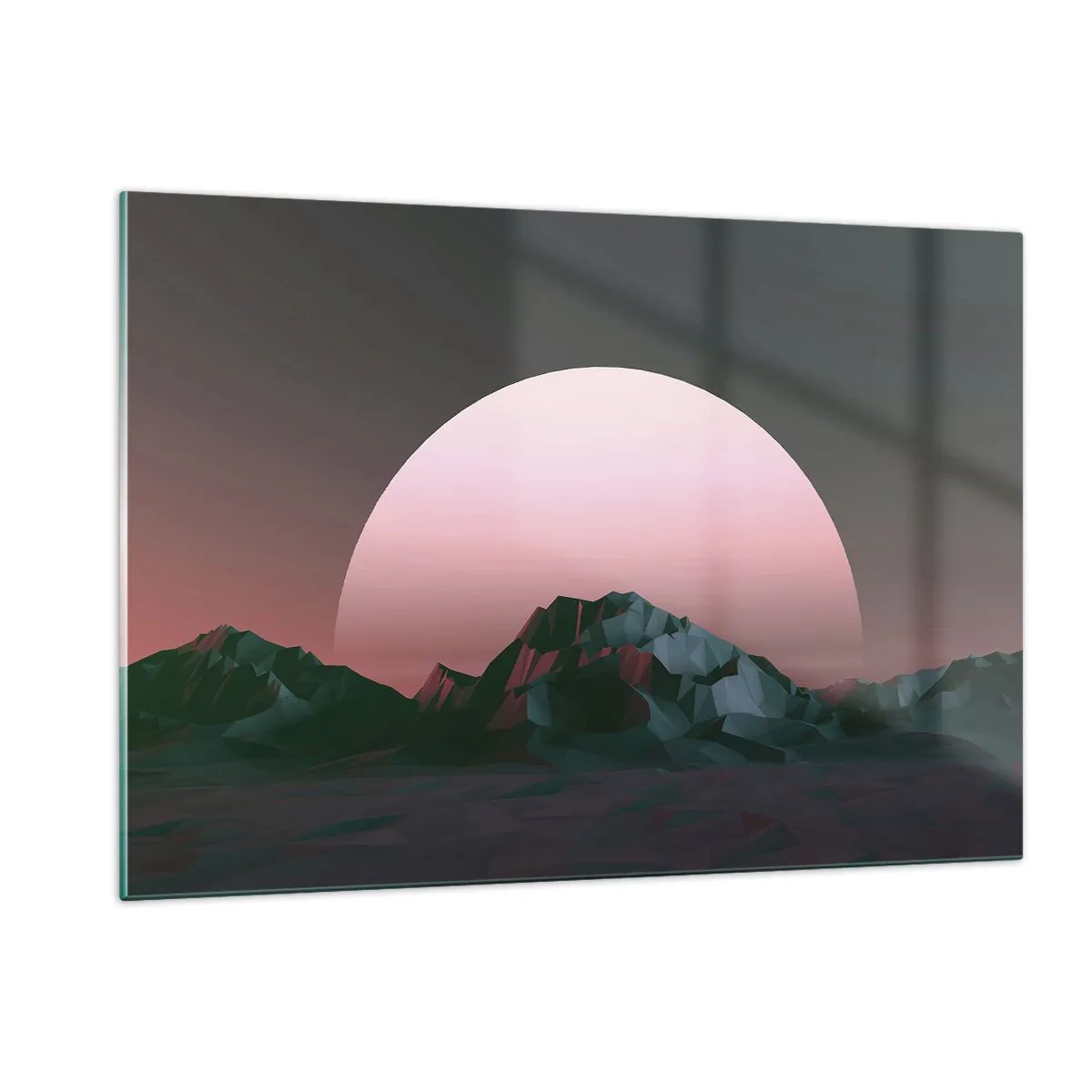 Glasbild - Bild auf glas - Abstrakte Landschaft mit geometrischen Bergen und einer rosa Sonne. - 120x80cm - In einer Nachbargalaxie - Moderne Wanddekoration für Wohnzimmer und Schlafzimmer ARTTOR
