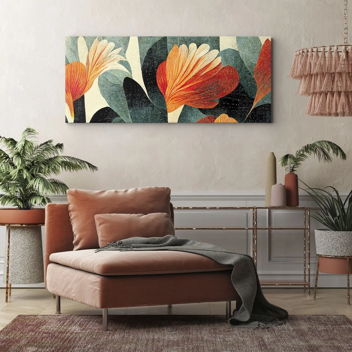 Bild auf Leinwand - Leinwandbild - Blüten in intensiven Orange- und Grüntönen - 140x50cm - Hitze der Tropen und Kühle des Grüns - Moderne Wanddekoration für Wohnzimmer und Schlafzimmer ARTTOR