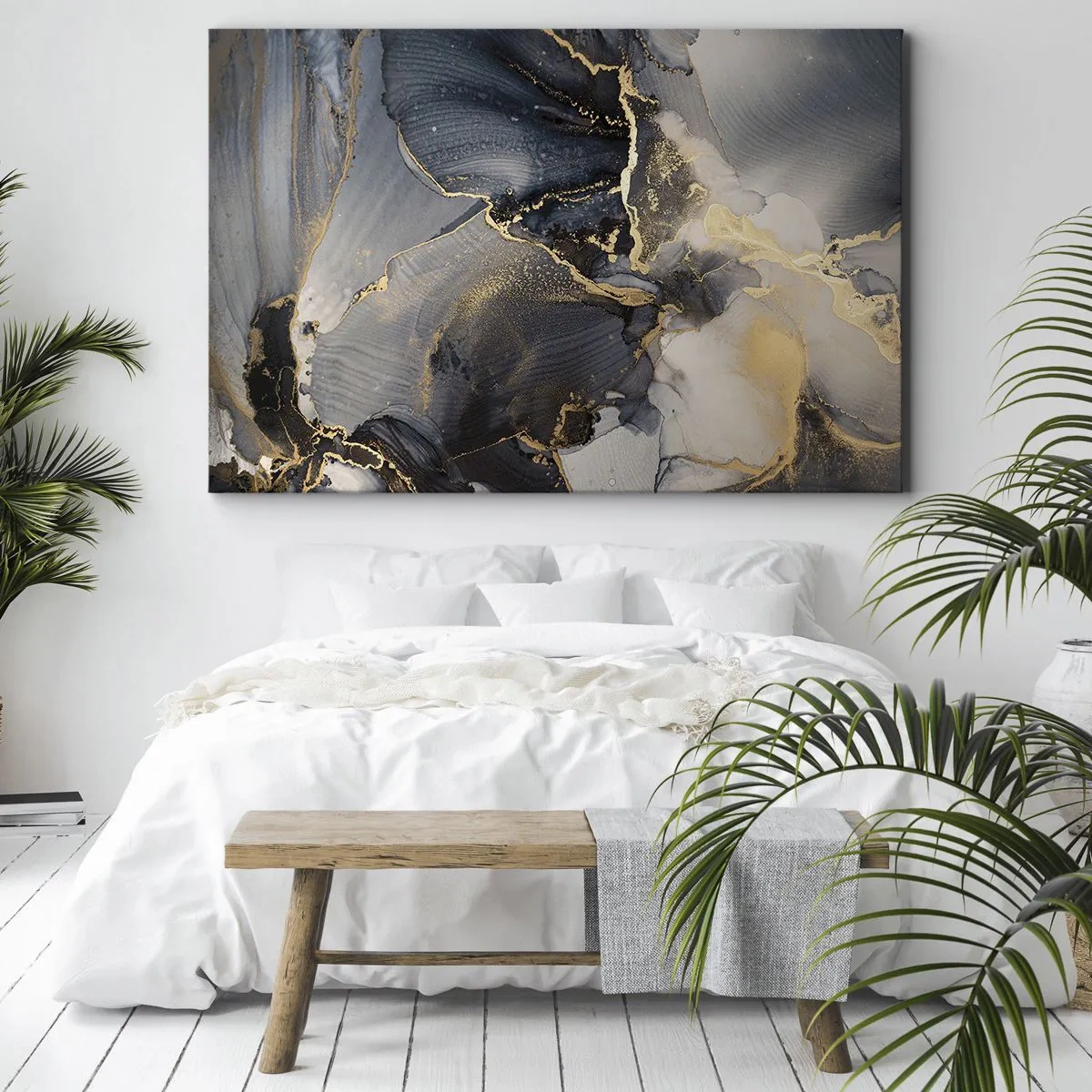 Bild auf Leinwand - Leinwandbild - Abstraktes Gold und Grau auf Leinwand - 100x70cm - Leben aus Stein - Moderne Wanddekoration für Wohnzimmer und Schlafzimmer ARTTOR