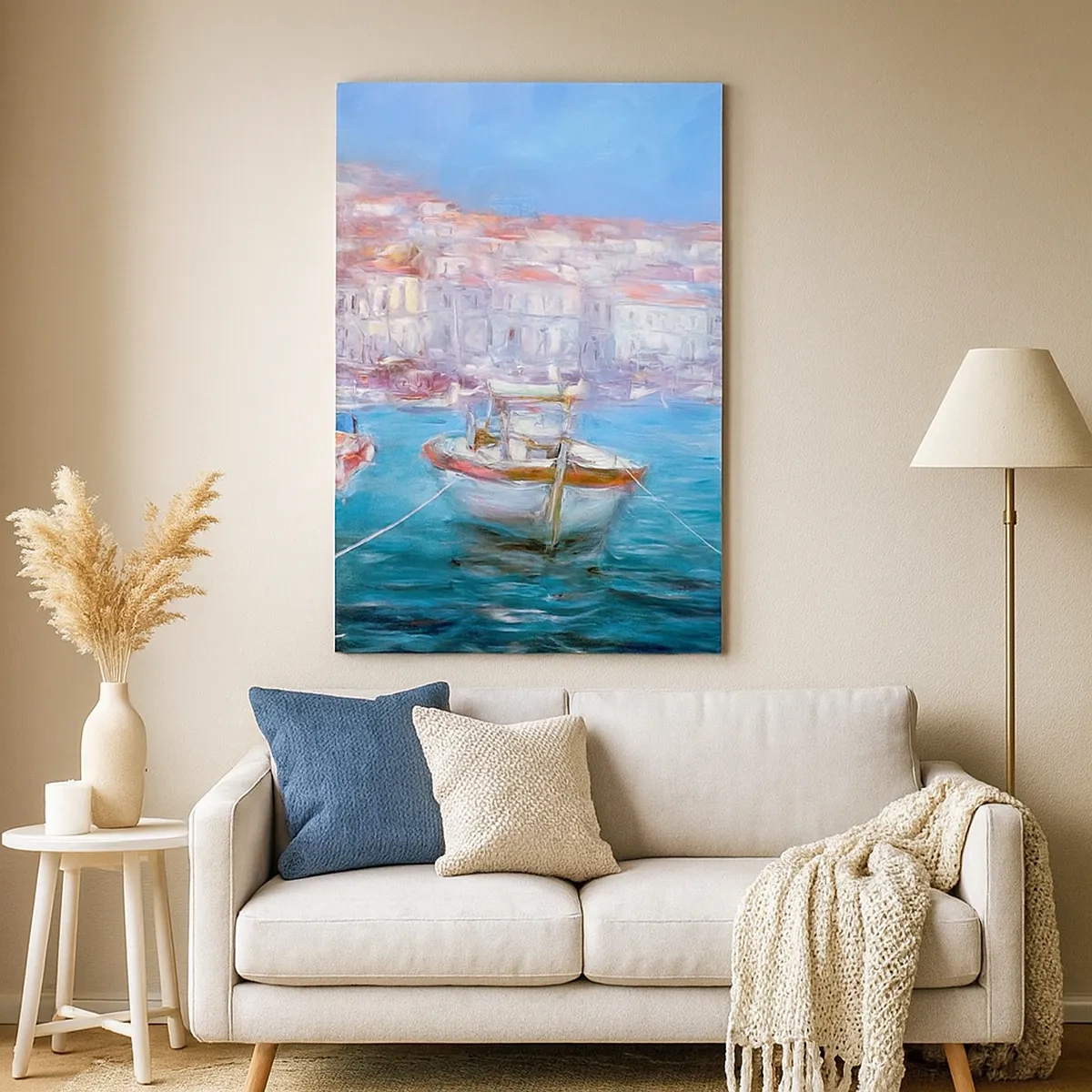 Bild auf Leinwand - Leinwandbild - Boote in einer malerischen italienischen Bucht - 50x70cm - Italienische Bucht - Moderne Wanddekoration für Wohnzimmer und Schlafzimmer ARTTOR