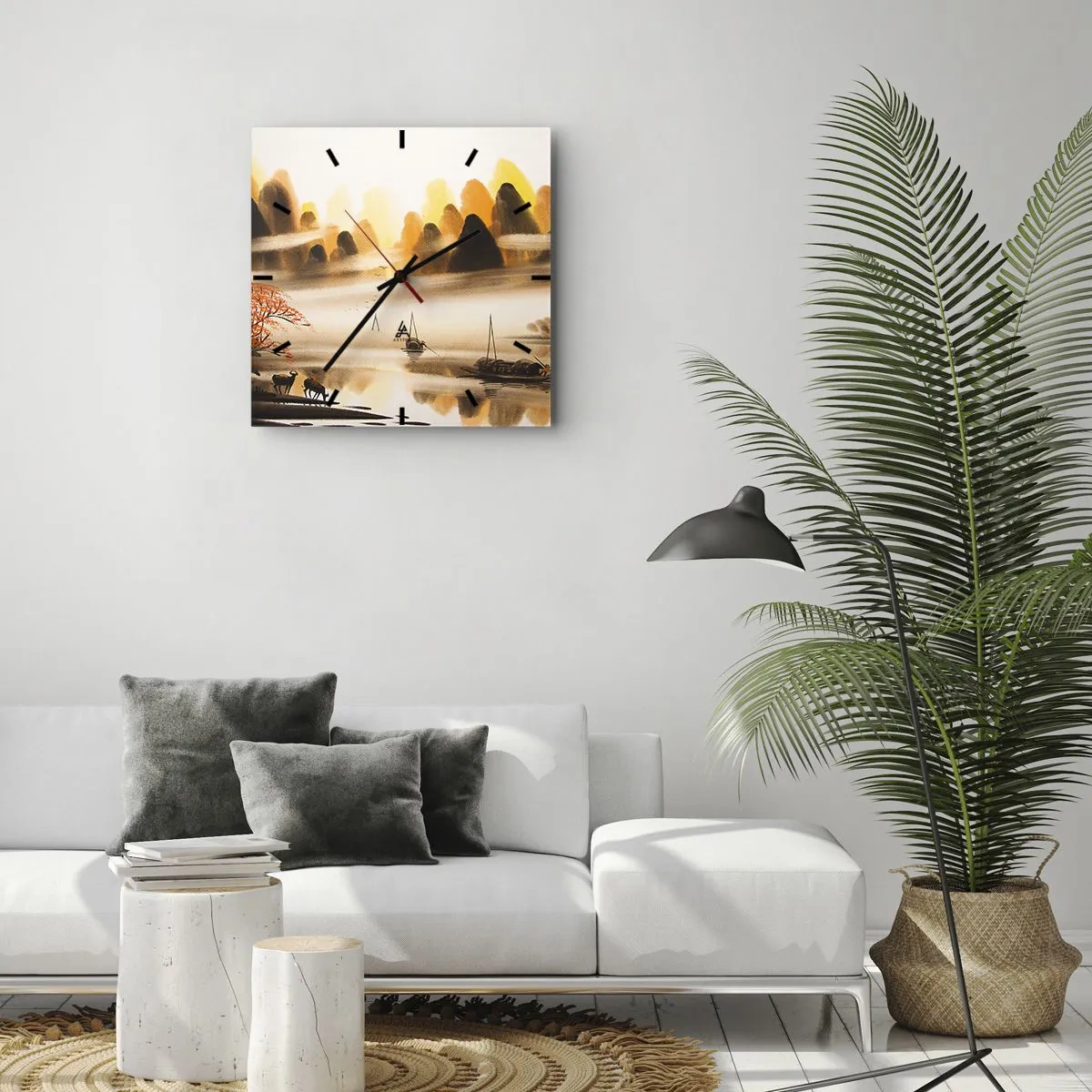 Wanduhr - Glasuhr - Eine orientalische Landschaft mit Fluss, Bergen und sanftem Nebel. - 30x30cm - Weiter als im Fernosten - Moderne Wanddekoration für Wohnzimmer und Schlafzimmer ARTTOR