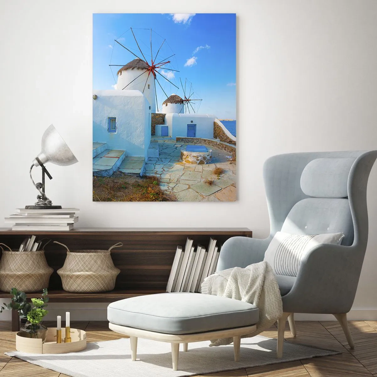 Glasbild - Bild auf glas - Weiße Windmühlen an den Ufern des blauen Meeres - 70x100cm - Der blaue Wind vom Meer - Moderne Wanddekoration für Wohnzimmer und Schlafzimmer ARTTOR