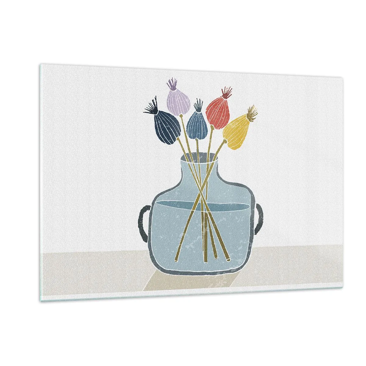 Glasbild - Bild auf glas - Dekorative Mohnköpfe in einer Kanne im grafischen Stil - 120x80cm - Es ist mucksmäuschenstill - Moderne Wanddekoration für Wohnzimmer und Schlafzimmer ARTTOR