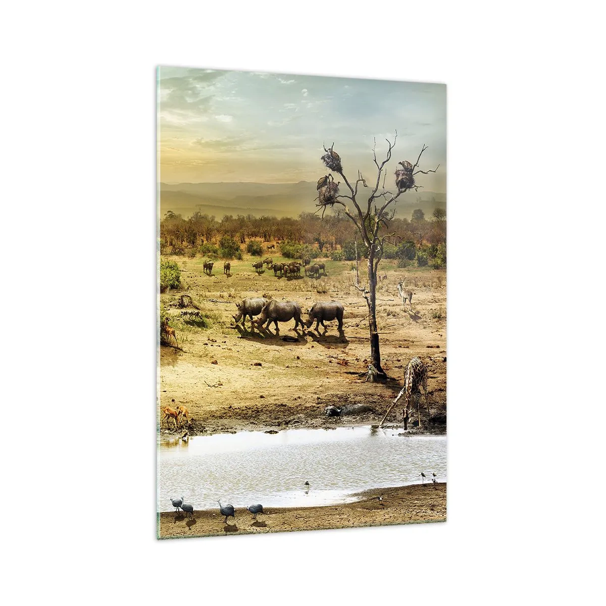 Glasbild - Bild auf glas - Elefanten und Wildtiere an einer Wasserstelle bei Sonnenuntergang - 70x100cm - Ein Fluss floss aus Eden ... - Moderne Wanddekoration für Wohnzimmer und Schlafzimmer ARTTOR