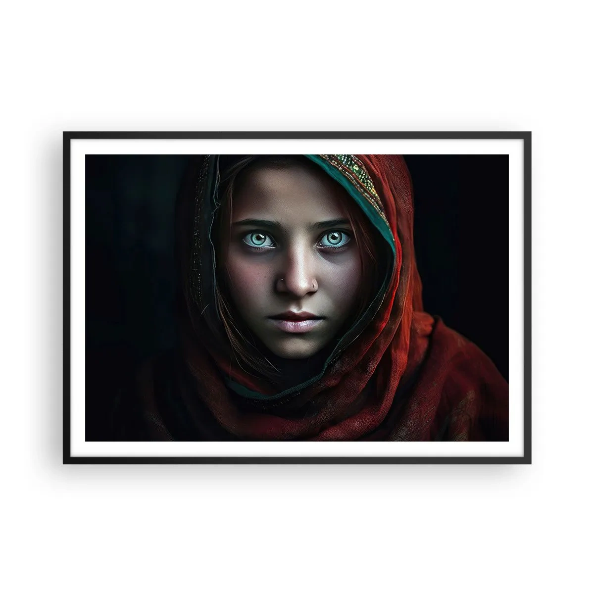 Poster in einem schwarzem Rahmen - Porträt einer Frau mit intensivem Blick in warmen Farben - 100x70cm - Prinzessin aus dem Osten - Moderne Wanddekoration für Wohnzimmer und Schlafzimmer ARTTOR