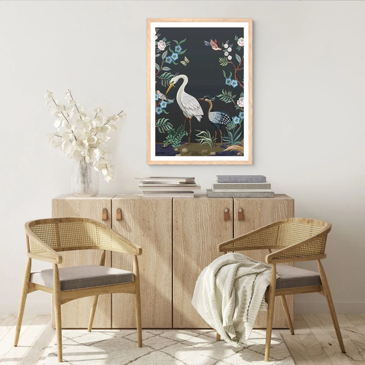 Poster in einem Rahmen aus heller Eiche - Vogelparade - 30x40 cm