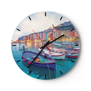 Wanduhr - Glasuhr - Farbenfroher Hafen am Meer mit Booten bei Sonnenuntergang - 30x30cm - Bunter Abend im Hafen - Moderne Wanddekoration für Wohnzimmer, Küche und Schlafzimmer ARTTOR