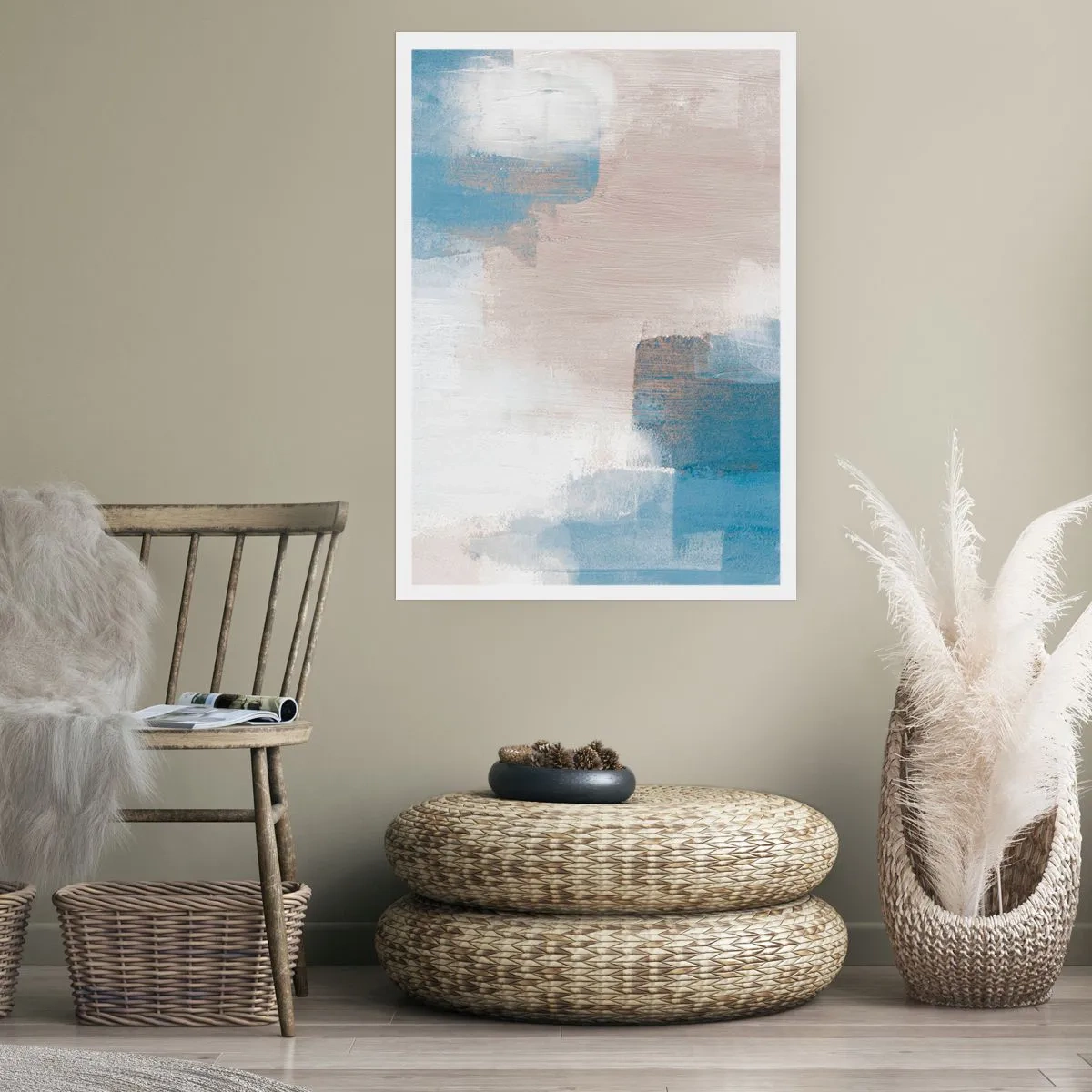 Poster - Rosa Abstraktion hinter einem blauen Vorhang - 40x50 cm