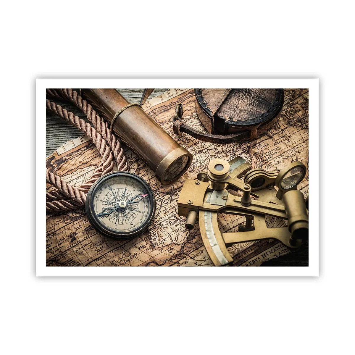 Poster - Ein Kompass, ein Sextant und ein Teleskop vor dem Hintergrund einer alten Karte und eines Seeseils. - 100x70cm - Setze Sie einen Kurs - Moderne Wanddekoration für Wohnzimmer und Schlafzimmer ARTTOR