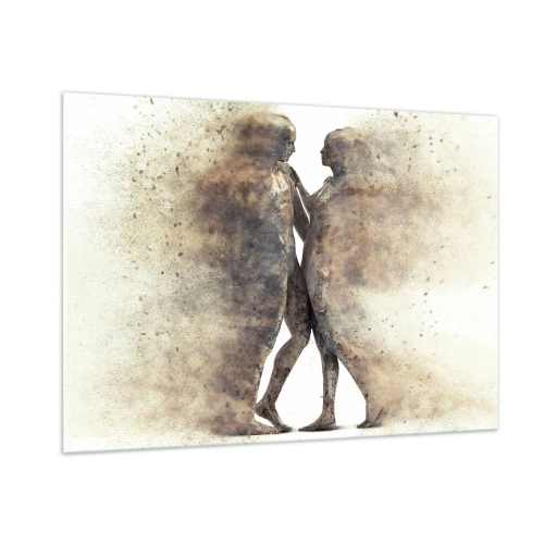 Glasbild - Bild auf glas - Abstrakte Silhouetten zweier Figuren im staubigen Stil - 100x70cm - Sie erhoben sich aus dem Staub, um zu lieben - Moderne Wanddekoration für Wohnzimmer und Schlafzimmer ARTTOR