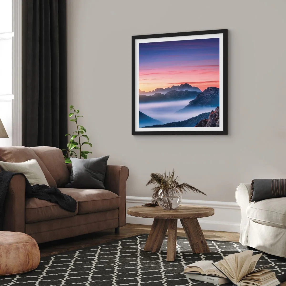 Poster in einem schwarzem Rahmen - Über die Täler - 30x30 cm