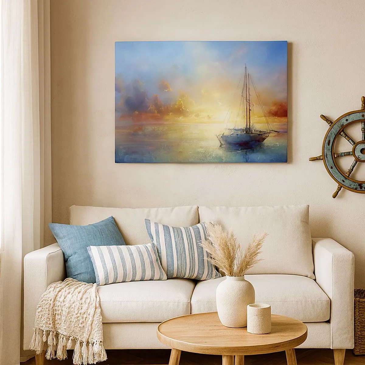 Bild auf Leinwand - Leinwandbild - Eine Yacht auf ruhigem Meer bei Sonnenuntergang - 70x50cm - In einer goldenen Bucht - Moderne Wanddekoration für Wohnzimmer und Schlafzimmer ARTTOR