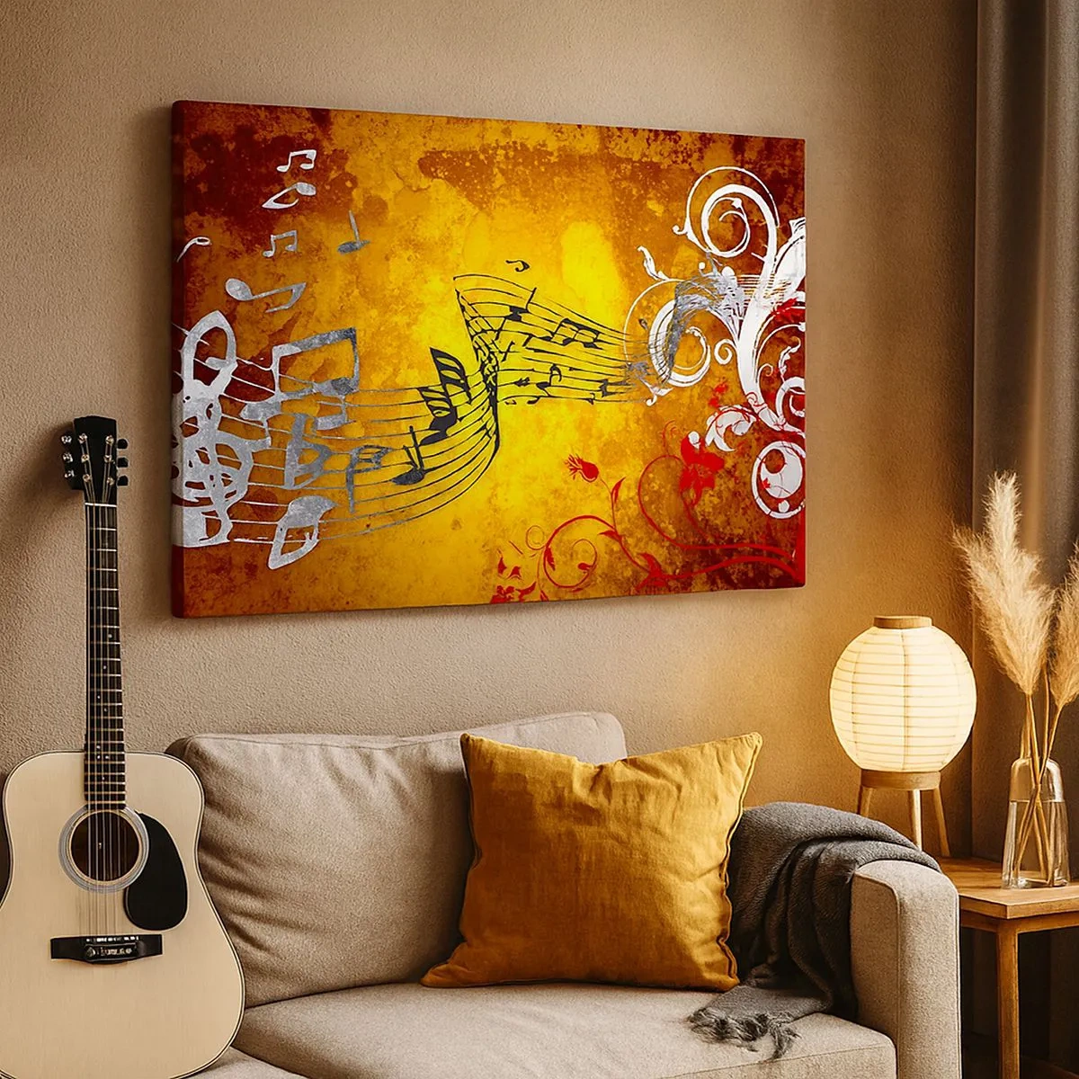 Bild auf Leinwand - Leinwandbild - Abstrakte Musiknoten auf einem bunten Hintergrund mit Ornamenten - 70x50cm - Lass die Musik fließen - Moderne Wanddekoration für Wohnzimmer und Schlafzimmer ARTTOR