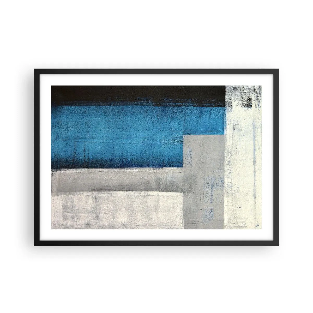 Poster in einem schwarzem Rahmen - Eine abstrakte Komposition mit Blau-, Grau- und Weißtönen. - 70x50cm - Poetische Komposition aus Grau und Blau - Moderne Wanddekoration für Wohnzimmer und Schlafzimmer ARTTOR