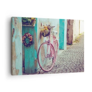 Bild auf Leinwand - Leinwandbild - Ein rosa Fahrrad neben einer türkisfarbenen Tür - 70x50cm - Ich komme gleich wieder - Moderne Wanddekoration für Wohnzimmer und Schlafzimmer ARTTOR