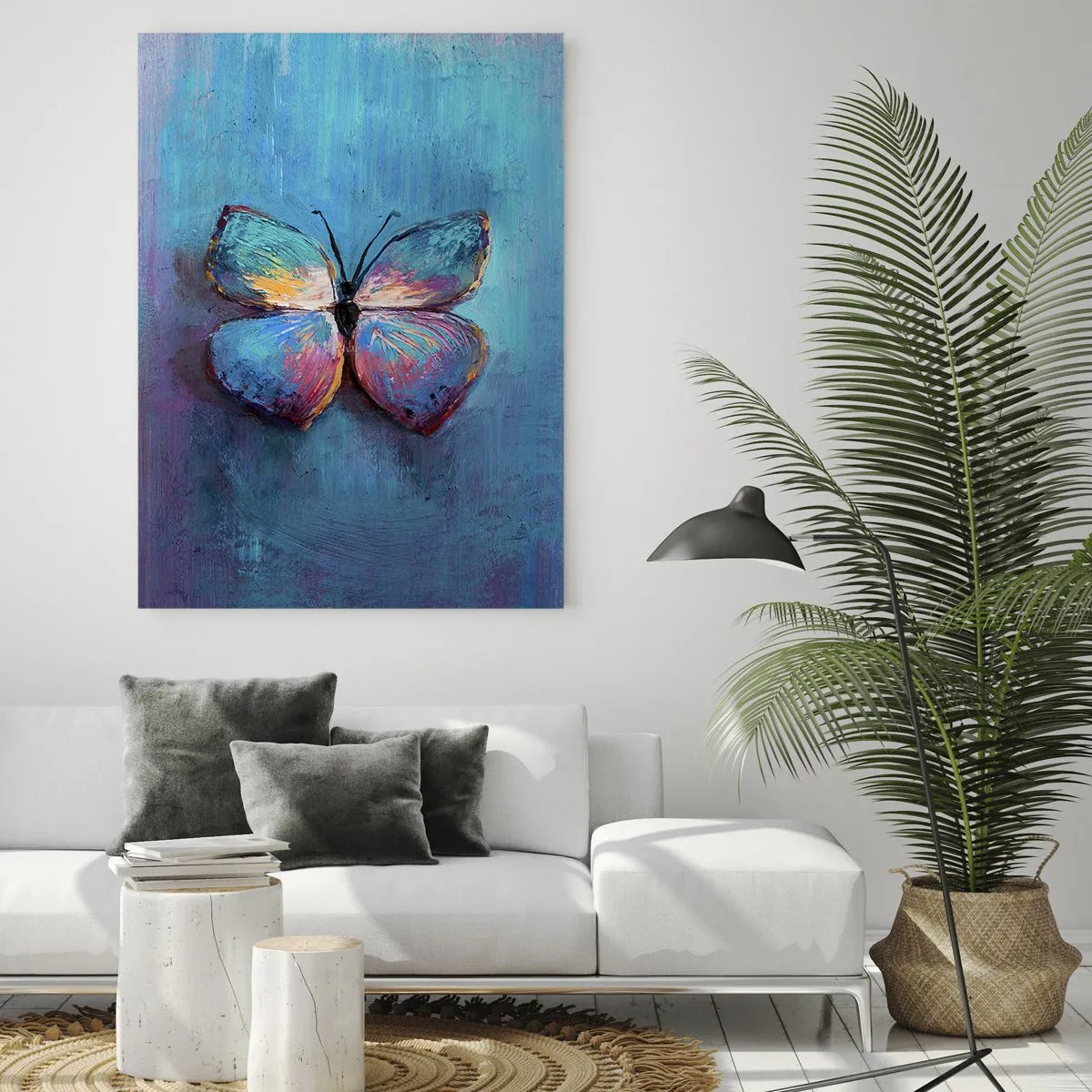 Glasbild - Bild auf glas - Bunter Schmetterling auf blauem Hintergrund - 80x120cm - In all seiner Pracht - Moderne Wanddekoration für Wohnzimmer und Schlafzimmer ARTTOR