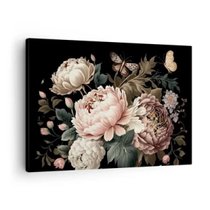 Bild auf Leinwand - Leinwandbild - Ein Strauß rosa Blumen und Schmetterlinge auf schwarzem Hintergrund - 70x50cm - Im Barockstil - Moderne Wanddekoration für Wohnzimmer und Schlafzimmer ARTTOR