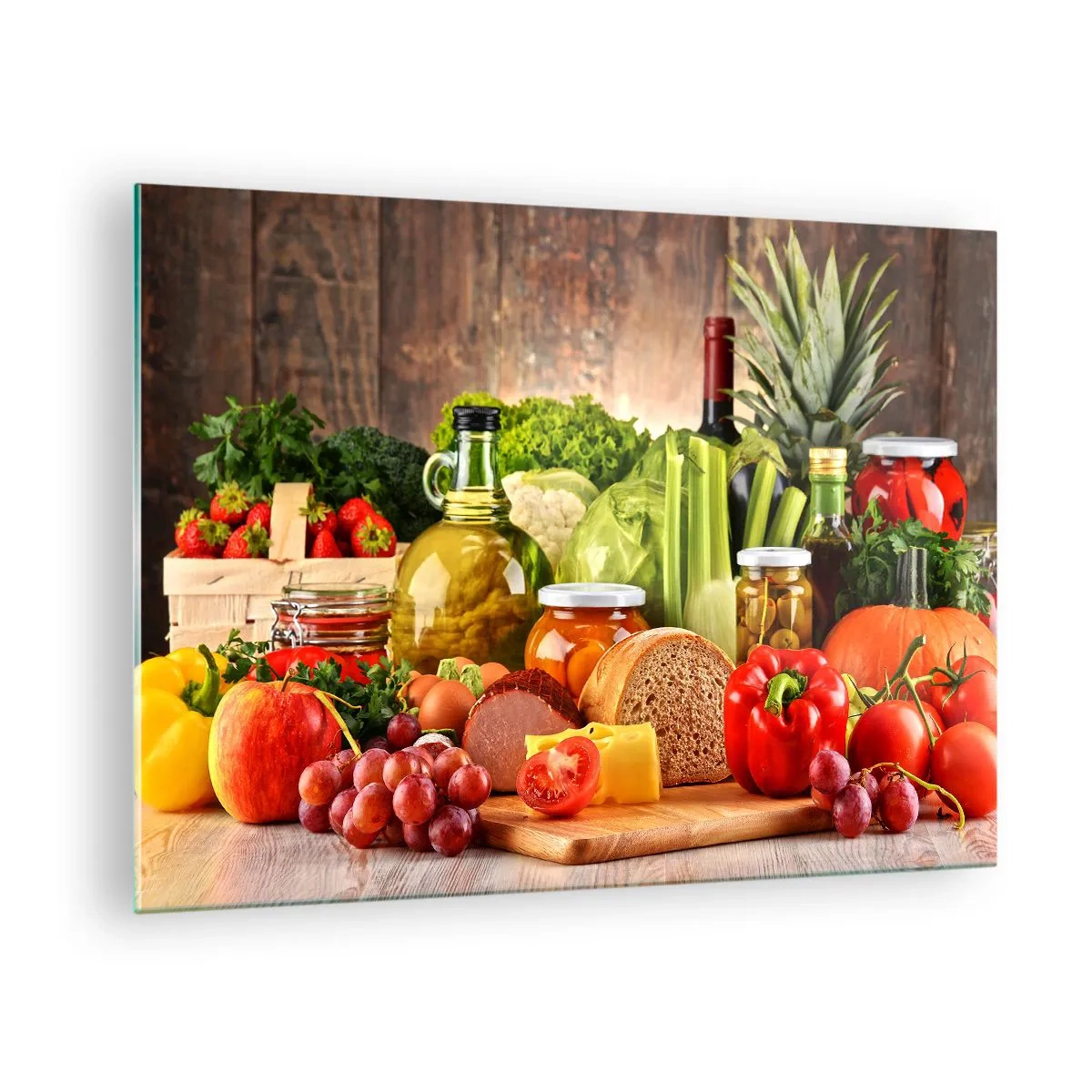 Glasbild - Bild auf glas - Buntes Gemüse, Obst, Brot und Konfitüren auf einem hölzernen Hintergrund - 70x50cm - Geräuchert, gebacken und eingelegt - Moderne Wanddekoration für Wohnzimmer und Schlafzimmer ARTTOR