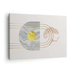 Bild auf Leinwand - Leinwandbild - Abstrakte Komposition mit Kreisen und goldenen Linien auf hellem Hintergrund. - 70x50cm - Helligkeit und Brillanz - Moderne Wanddekoration für Wohnzimmer und Schlafzimmer ARTTOR