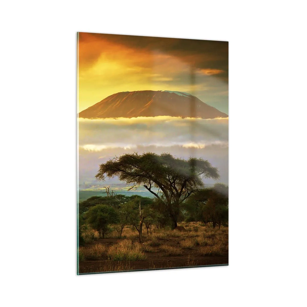 Glasbild - Bild auf glas - Der Kilimandscharo, umgeben von Wolken vor der Kulisse der afrikanischen Savanne - 50x70cm - Ein Reisetraum - Moderne Wanddekoration für Wohnzimmer und Schlafzimmer ARTTOR