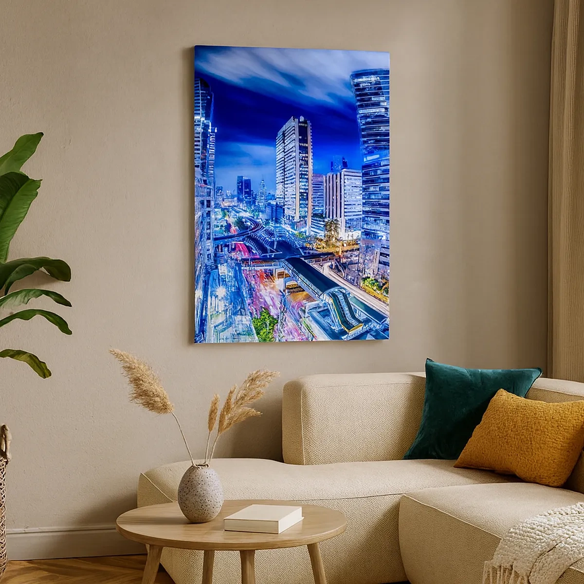Bild auf Leinwand - Leinwandbild - Nachtstadtpanorama mit Wolkenkratzern und Straßenlaternen - 50x70cm - Rhythmen der Nachtstadt - Moderne Wanddekoration für Wohnzimmer und Schlafzimmer ARTTOR