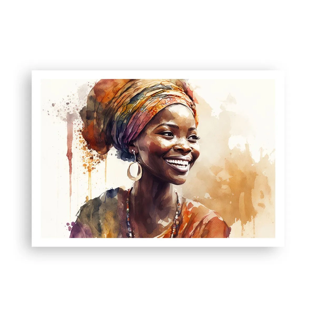 Poster - Porträt einer lächelnden Frau mit buntem Schal in Aquarell - 100x70cm - Afrikanische Königin - Moderne Wanddekoration für Wohnzimmer und Schlafzimmer ARTTOR