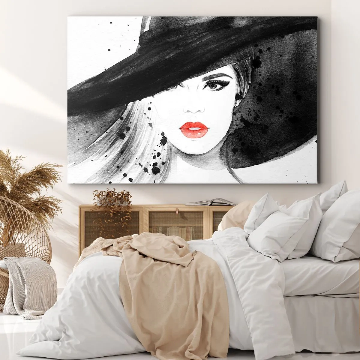 Bild auf Leinwand - Leinwandbild - Porträt einer Frau mit Hut und roten Lippen - 70x50cm - Frau in schwarz - Moderne Wanddekoration für Wohnzimmer und Schlafzimmer ARTTOR