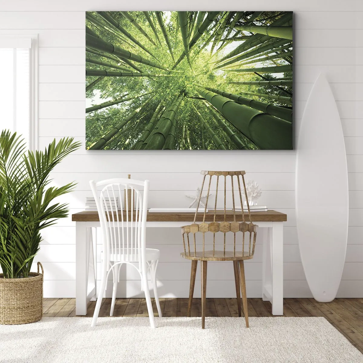 Bild auf Leinwand - Leinwandbild - Blick nach oben durch einen grünen Bambushain - 70x50cm - In einem Bambushain - Moderne Wanddekoration für Wohnzimmer und Schlafzimmer ARTTOR