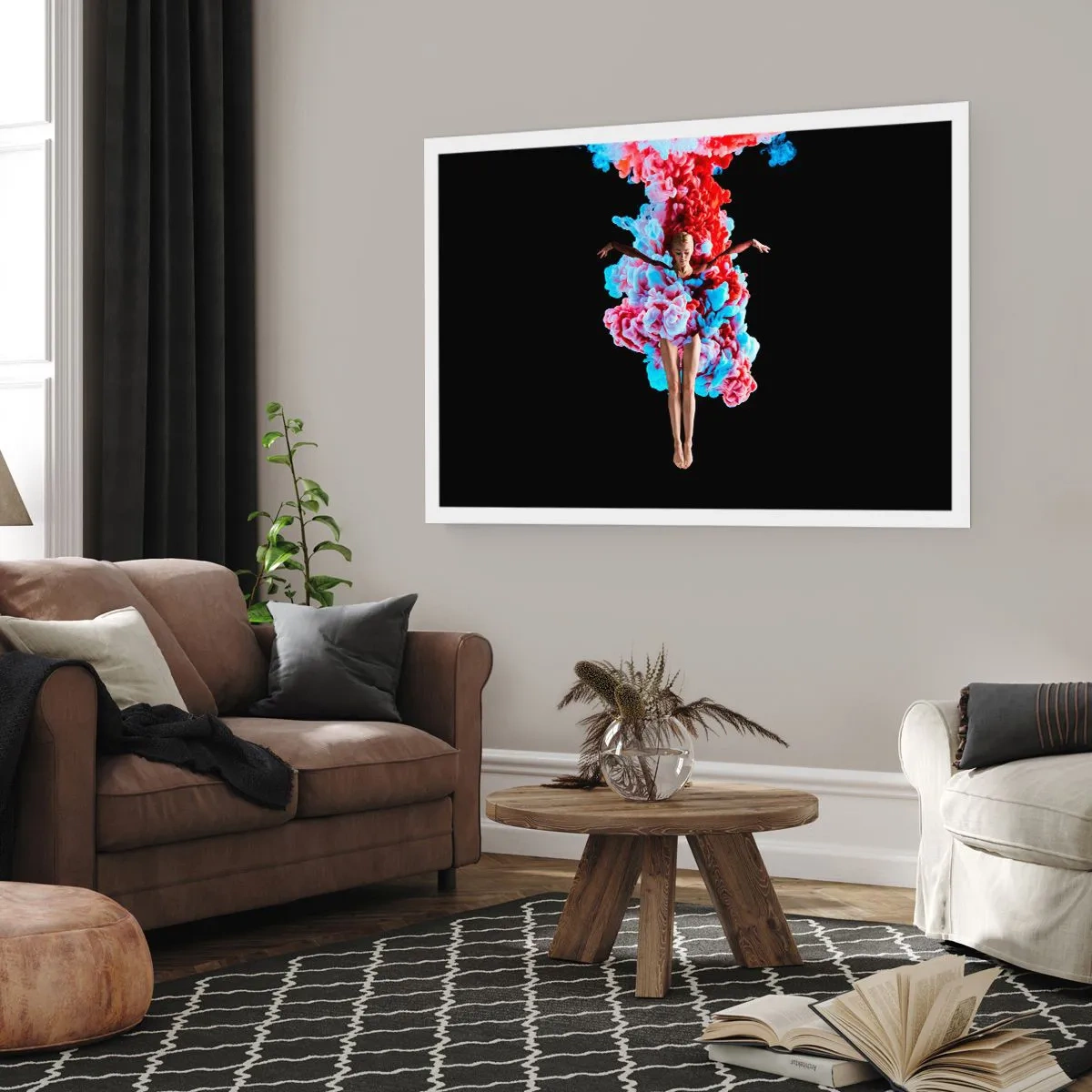 Poster - Eine Tänzerin, umgeben von buntem Rauch auf schwarzem Hintergrund - 100x70cm - In voller Blüte - Moderne Wanddekoration für Wohnzimmer und Schlafzimmer ARTTOR