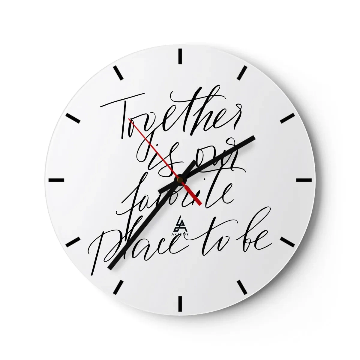 Wanduhr - Glasuhr - Das Zitat „Gemeinsam ist unser Lieblingsort“ vor einem weißen Uhrenhintergrund - 30x30cm - Fühlst du das auch? - Moderne Wanddekoration für Wohnzimmer, Küche und Schlafzimmer ARTTOR