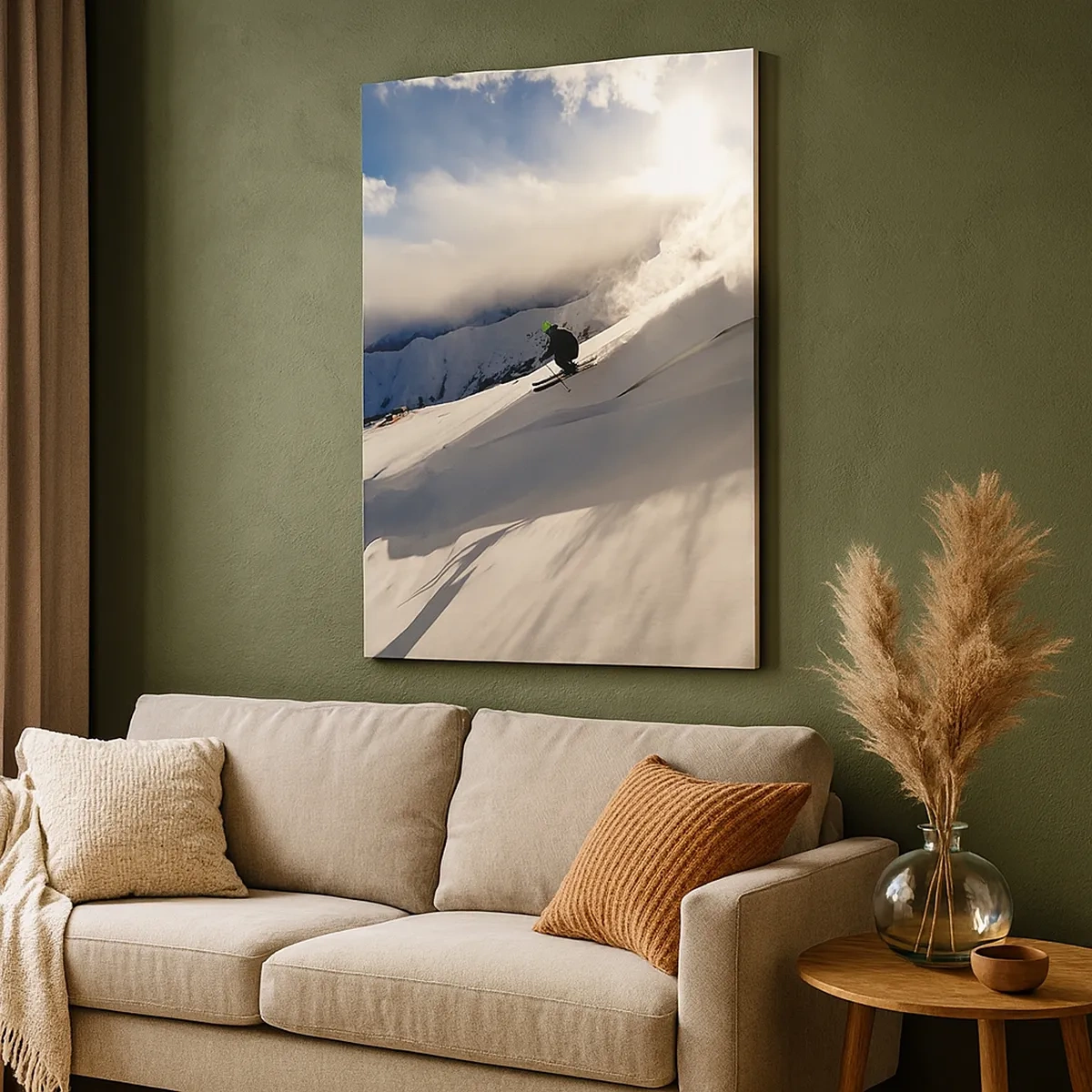 Bild auf Leinwand - Leinwandbild - Ein Skifahrer auf einer Piste, umgeben von Bergen und Schnee - 50x70cm - Bergherausforderung angenommen - Moderne Wanddekoration für Wohnzimmer und Schlafzimmer ARTTOR