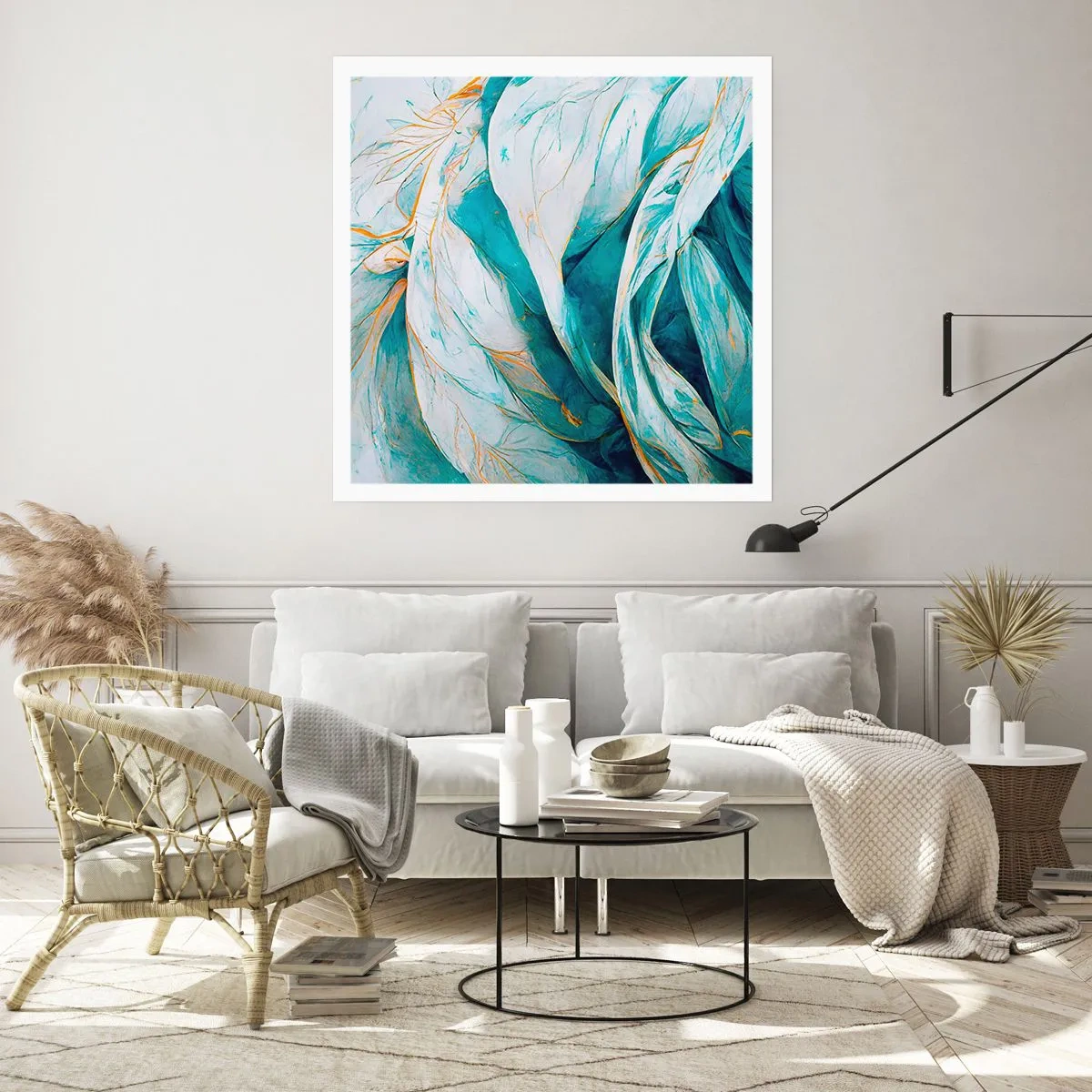 Poster - Blaue Abstraktion mit goldenem Motiv - 60x60 cm