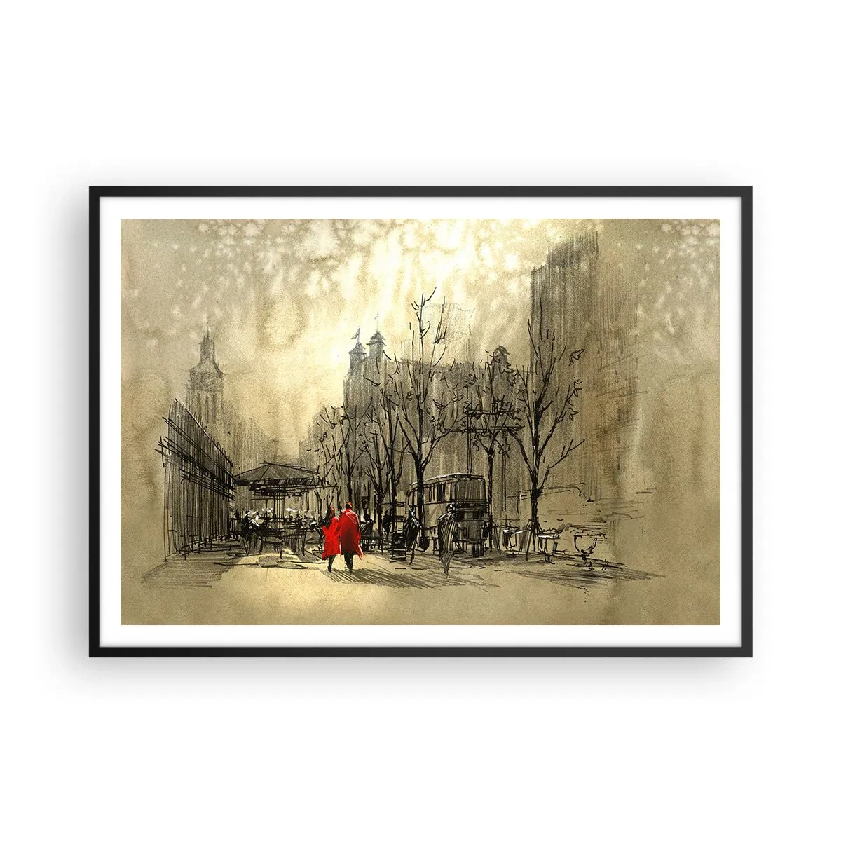 Poster in einem schwarzem Rahmen - Eine rote Figur in einer nostalgischen urbanen Umgebung - 100x70cm - Ein Date im Londoner Nebel - Moderne Wanddekoration für Wohnzimmer und Schlafzimmer ARTTOR