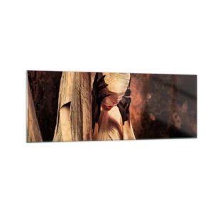 Glasbild - Bild auf glas - Eine Frau mit Schleier und geheimnisvollem Styling vor dunklem Hintergrund - 140x50cm - Zwischen Gut und Böse - Moderne Wanddekoration für Wohnzimmer und Schlafzimmer ARTTOR