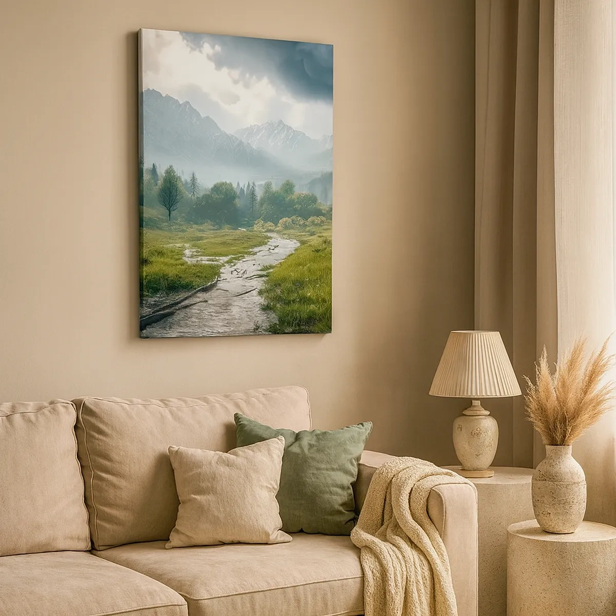 Bild auf Leinwand - Leinwandbild - Eine Berglandschaft mit einem Fluss und Bäumen, umgeben von nebligen Bergen - 50x70cm - Hin und zurück - Moderne Wanddekoration für Wohnzimmer und Schlafzimmer ARTTOR