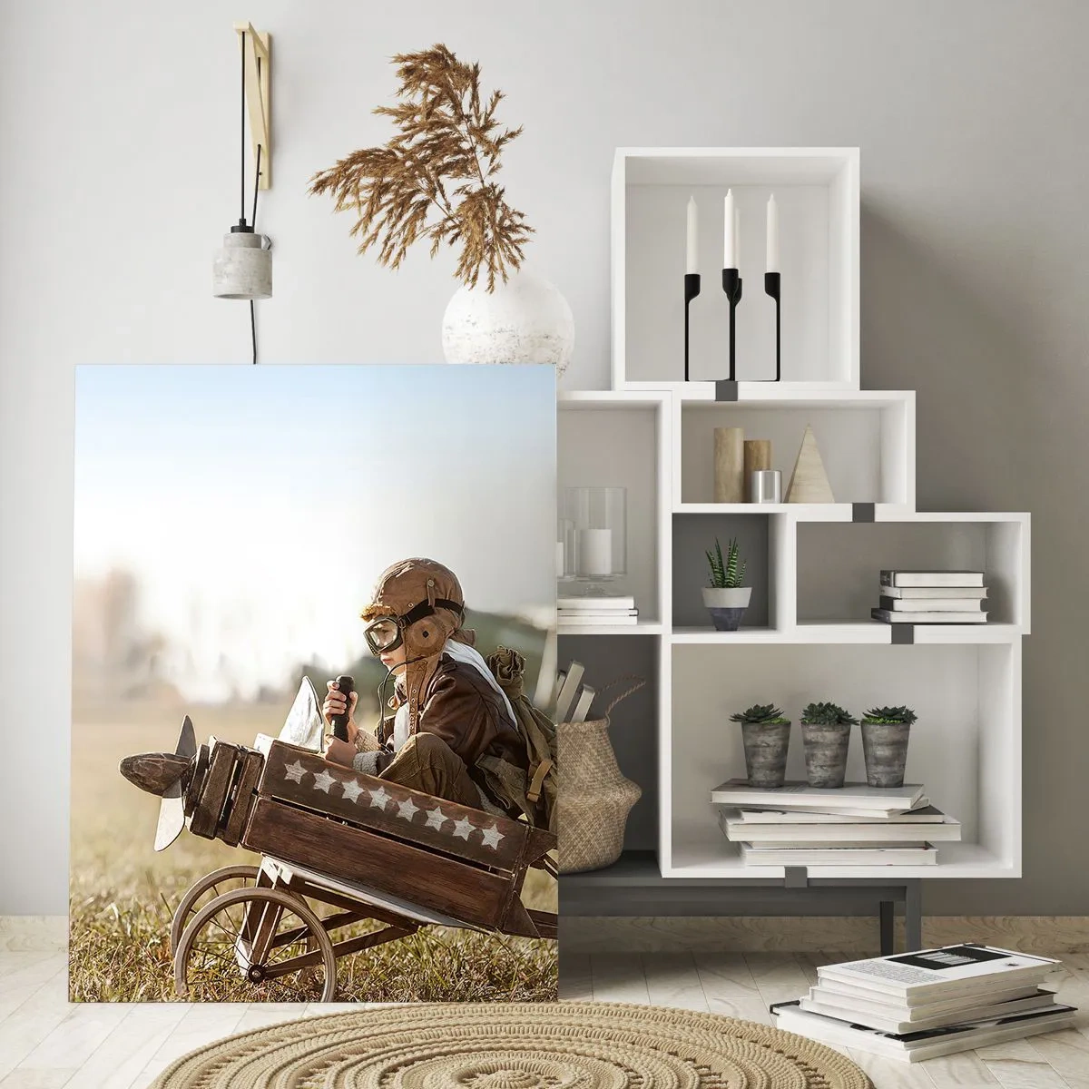 Glasbild - Bild auf glas - Ein Kind in einem Spielzeugflugzeug mit einem Feld im Hintergrund - 70x100cm - Start in Richtung eines Traums - Moderne Wanddekoration für Wohnzimmer und Schlafzimmer ARTTOR