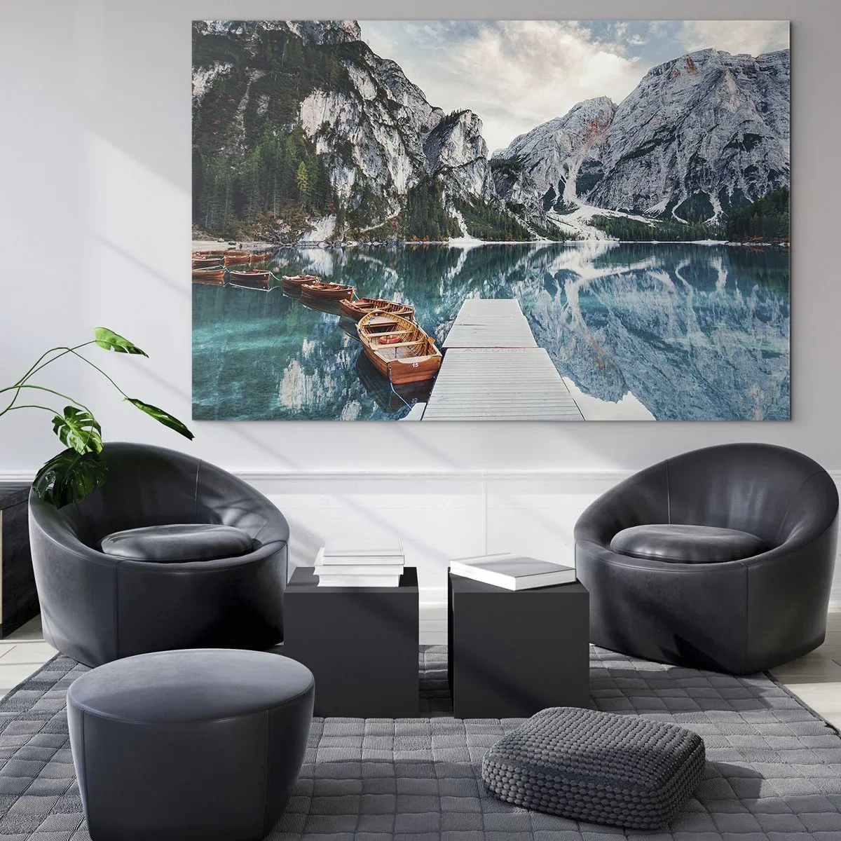 Glasbild - Bild auf glas - Eine Holzbrücke über einen türkisfarbenen See in den Bergen - 70x50cm - Wir zeigen Ihnen Schönheit - Moderne Wanddekoration für Wohnzimmer und Schlafzimmer ARTTOR