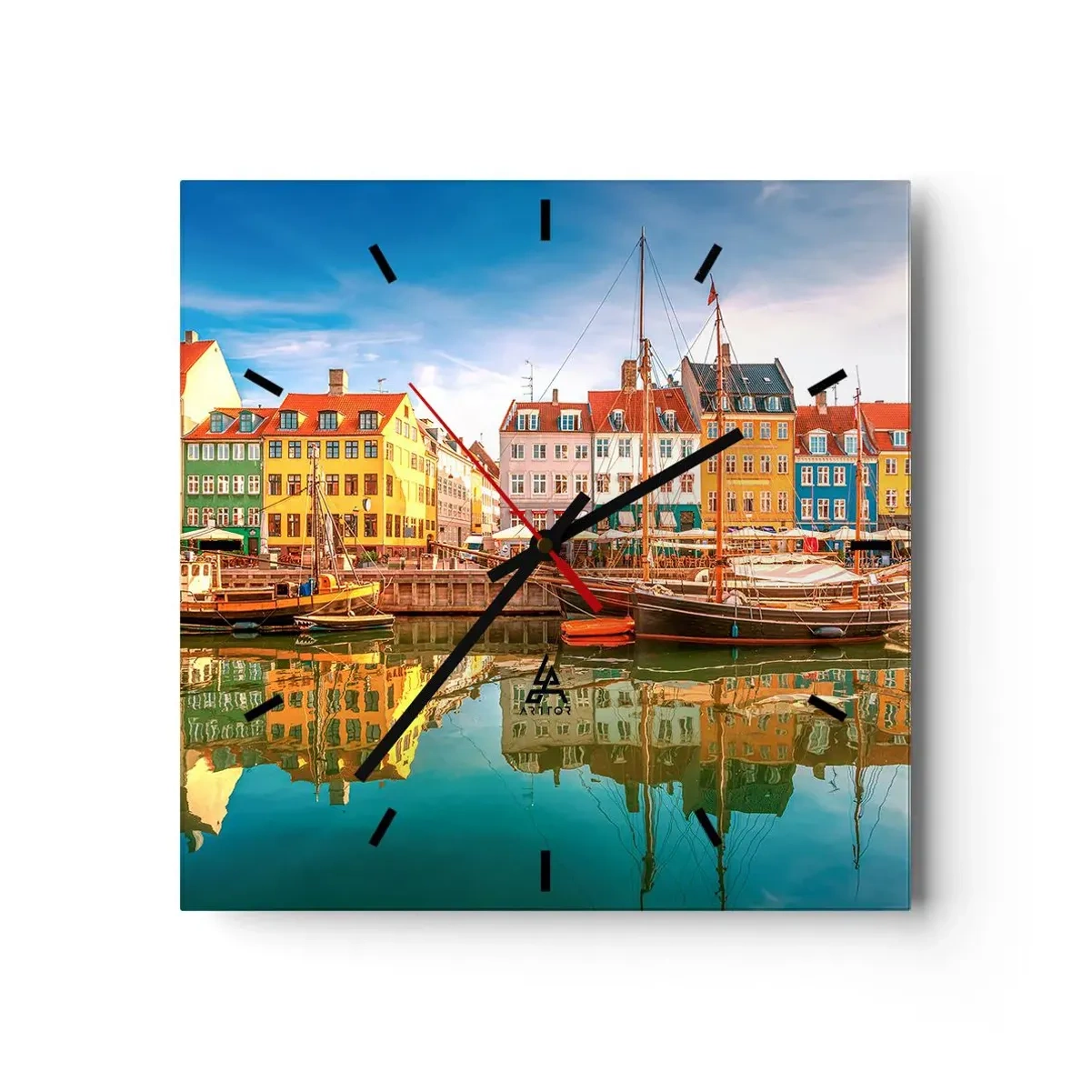 Wanduhr - Glasuhr - Bunte Grachtenhäuser in Kopenhagen - 30x30cm - Glatt wie ein Spiegel über dem Wasser - Moderne Wanddekoration für Wohnzimmer und Schlafzimmer ARTTOR