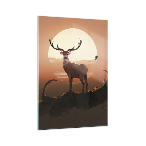 Glasbild - Bild auf glas - Ein Hirsch vor dem Hintergrund der untergehenden Sonne und einer surrealen Landschaft - 70x100cm - Diese Nacht ist anders als jede andere - Moderne Wanddekoration für Wohnzimmer und Schlafzimmer ARTTOR