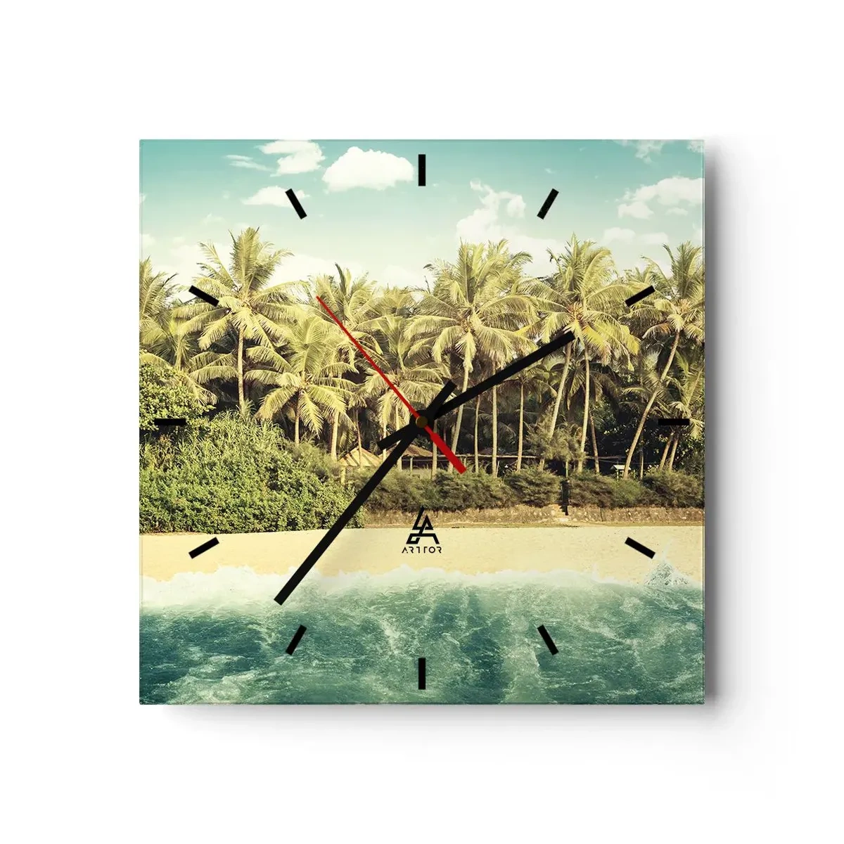 Wanduhr - Glasuhr - Tropischer Strand mit Palmen und türkisfarbenem Meer - 30x30cm - Wie wäre es hier? - Moderne Wanddekoration für Wohnzimmer und Schlafzimmer ARTTOR