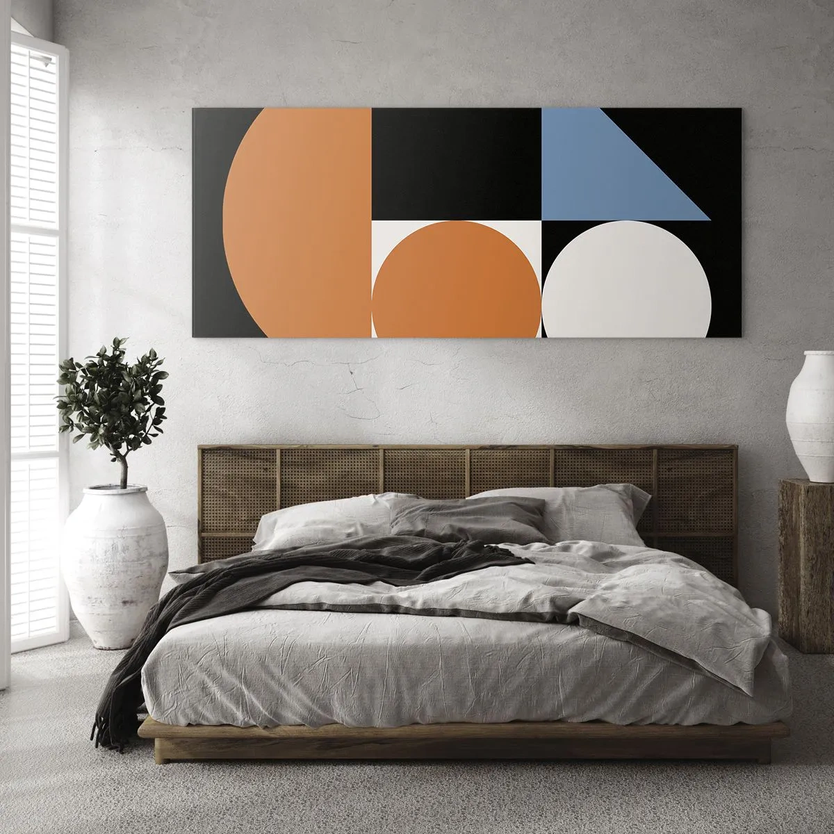 Glasbild - Bild auf glas - Geometrisches Muster mit bunten Formen auf schwarzem Hintergrund - 120x50cm - Bebilderte Anordnung - Moderne Wanddekoration für Wohnzimmer und Schlafzimmer ARTTOR