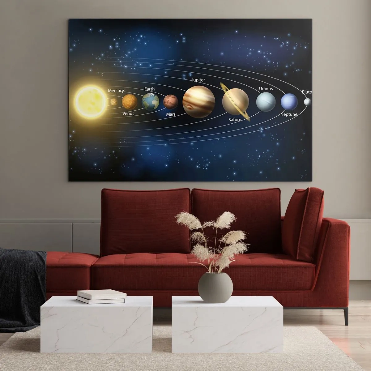 Glasbild - Bild auf glas - Das Sonnensystem mit Planeten und Sternen im Hintergrund - 120x80cm - Einer von zehn - Moderne Wanddekoration für Wohnzimmer und Schlafzimmer ARTTOR
