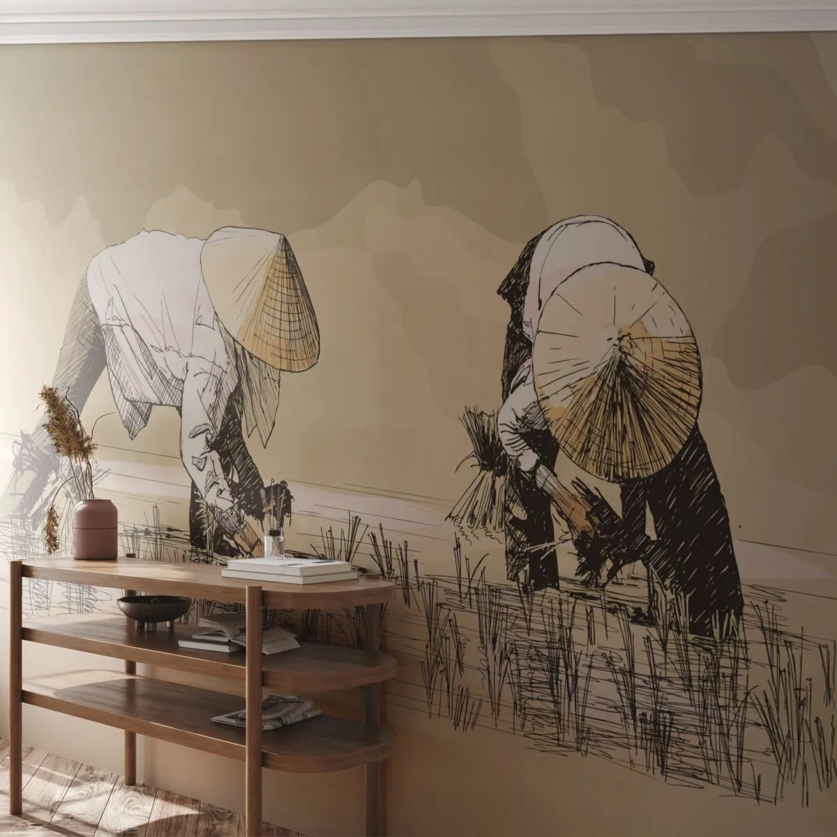 Fototapete Standard Eco - Eine Zeichentrickszene mit der Arbeit auf einem Reisfeld - 100x70cm - Erfolgreiche Ernte - Moderne Wanddekoration für Wohnzimmer und Schlafzimmer ARTTOR