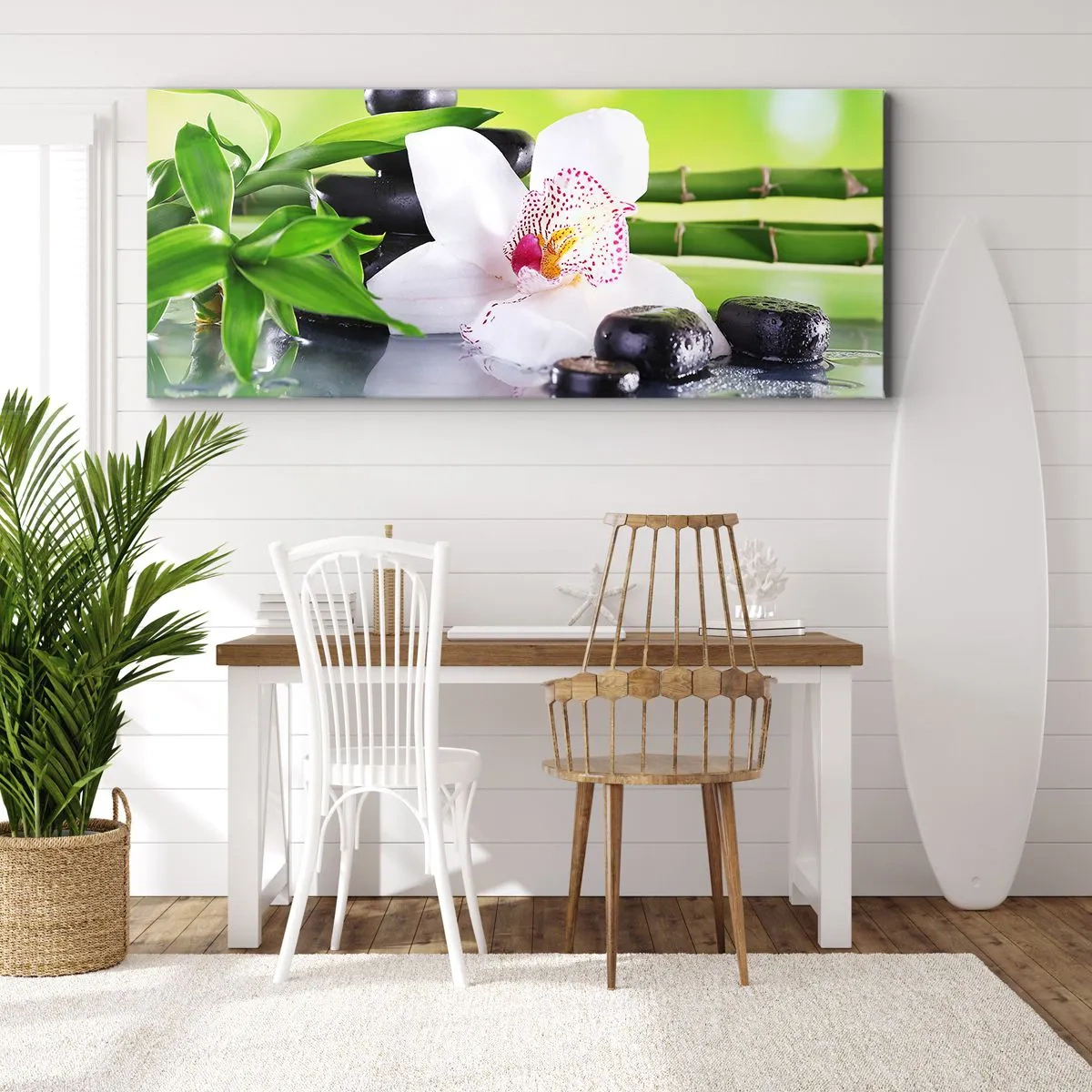 Bild auf Leinwand - Leinwandbild - Orchidee, Steine und Bambus in einer harmonischen Spa-Komposition - 120x50cm - Kühle Frische - Moderne Wanddekoration für Wohnzimmer und Schlafzimmer ARTTOR