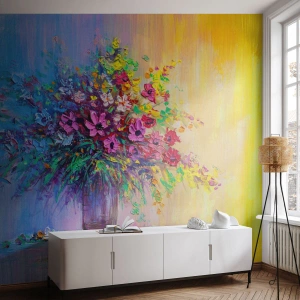 Fototapete Premium Canvas - Ein bunter Blumenstrauß in einer Vase vor einem Hintergrund mit Farbverlauf - 100x70cm - Sommergeschenk der Wiese - Moderne Wanddekoration für Wohnzimmer und Schlafzimmer ARTTOR