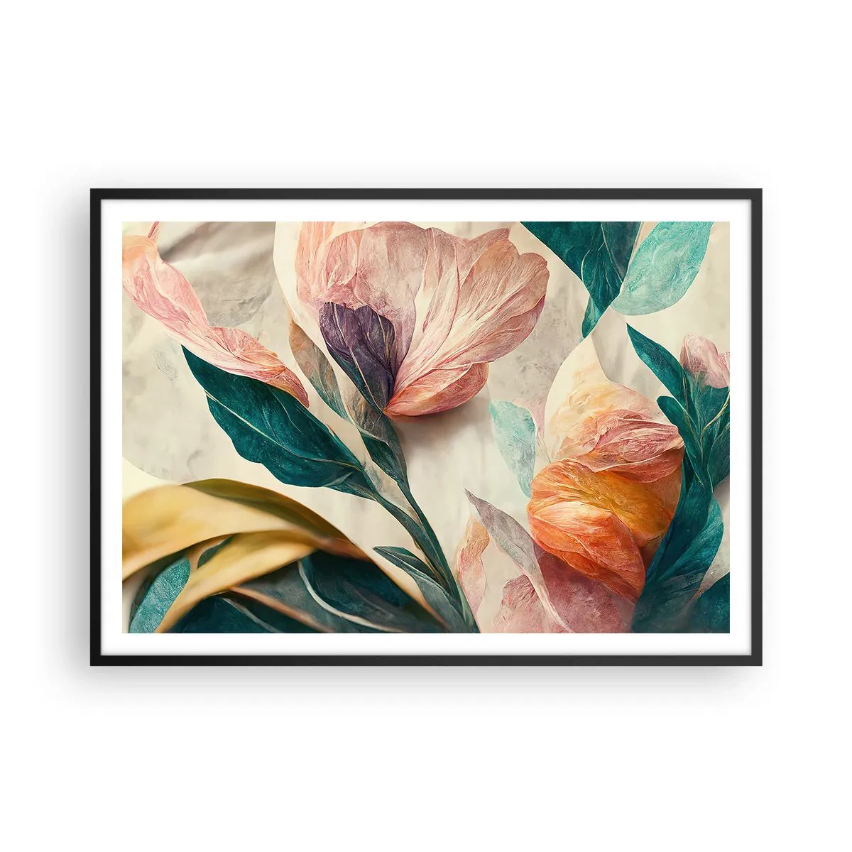 Poster in einem schwarzem Rahmen - Bunte Blumen im tropischen Stil auf hellem Hintergrund - 100x70cm - Blumen der südlichen Inseln - Moderne Wanddekoration für Wohnzimmer und Schlafzimmer ARTTOR