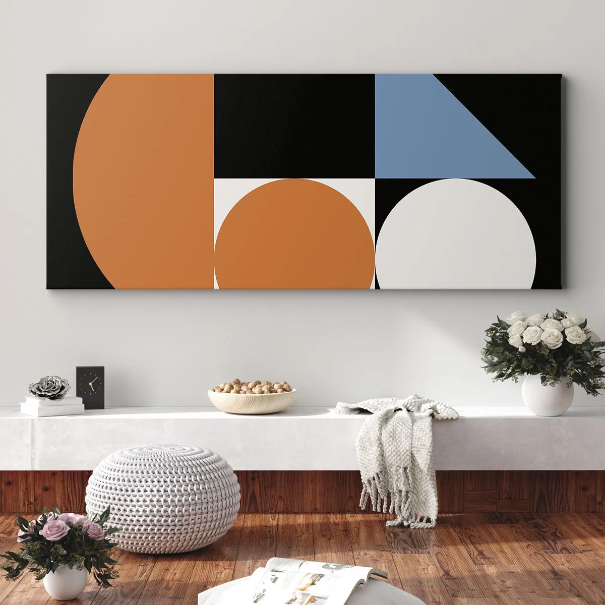 Bild auf Leinwand - Leinwandbild - Geometrisches Muster mit bunten Formen auf schwarzem Hintergrund - 160x50cm - Bebilderte Anordnung - Moderne Wanddekoration für Wohnzimmer und Schlafzimmer ARTTOR