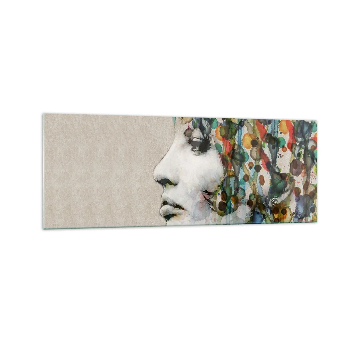Glasbild - Bild auf glas - Profil einer Frau in Aquarellfarben mit abstraktem Hintergrund - 140x50cm - Sie tauchte aus dem Grau auf - Moderne Wanddekoration für Wohnzimmer und Schlafzimmer ARTTOR